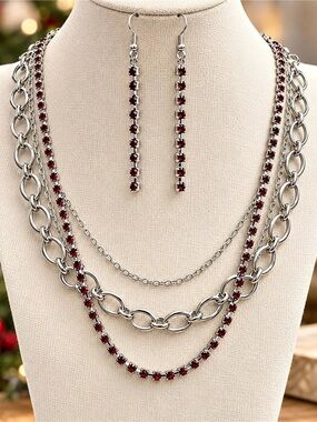 Paparazzi Layered Necklace & Earring Set in Silver & Red